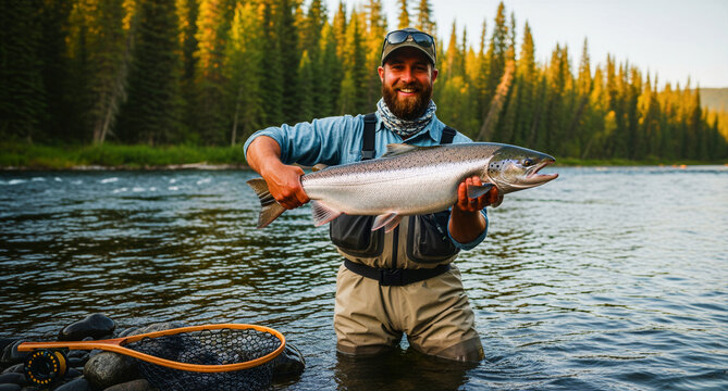 A happy bearded angler proudly displays his large, freshly caught silver salmon while standing waist-deep in a flowing river during a summer expedition.