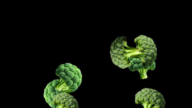 Bouncing up fresh Broccoli motion graphics with plain black background