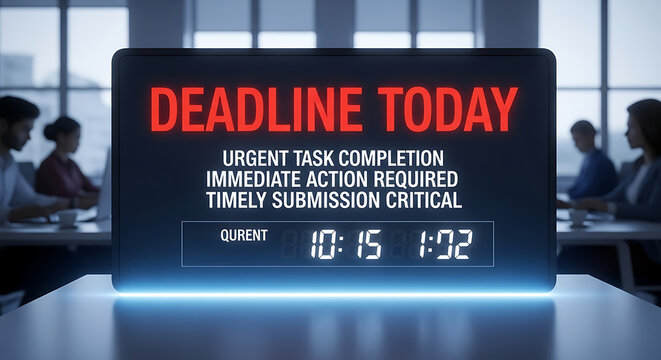Urgent notification icon emphasizing immediate action required for task completion today with red clock symbol and deadline reminder alert for scheduled business project management time.
