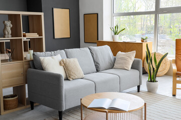 Fototapeta premium Interior of modern living room with grey sofa and shelf unit