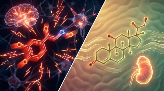 Conceptual Medical Illustration of the Human Stress Response Showing Brain Activity, Neurotransmitters, Adrenal Glands and Hormones