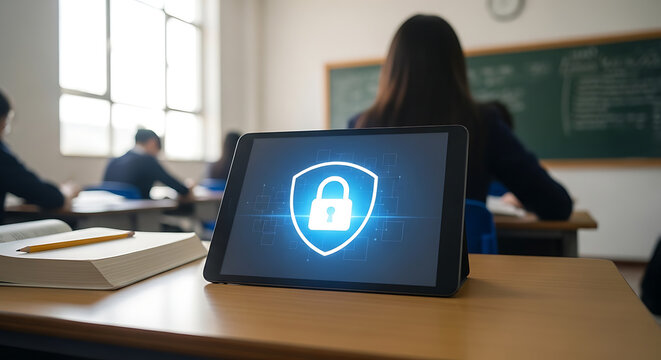 Digital Tablet Displaying Security Lock Icon on Wooden Classroom Desk Symbolizing Cyber Online Data Protection and Educational Privacy Safeguard