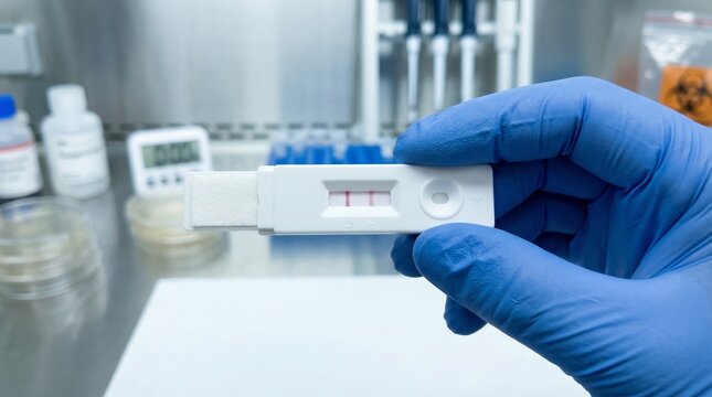 Professional Hand in Blue Glove Holding a Positive Rapid Diagnostic Test Cassette Showing Two Red Lines in a Medical Laboratory