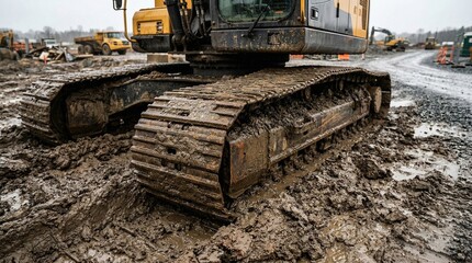 Fototapeta premium Detailed Close Up of Heavy Duty Excavator Tracks Covered in Thick Mud at an Active Industrial Construction Site