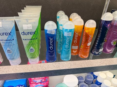 Palmanova, spain, march 26, 2026 durex lubricants displaying on pharmacy shelf, offering choices for sexual wellness and personal intimacy products