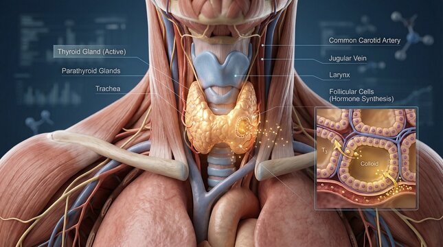 Anatomical Illustration of the Active Human Thyroid Gland Showing Hormone Synthesis and Follicular Cell Structure in the Endocrine System