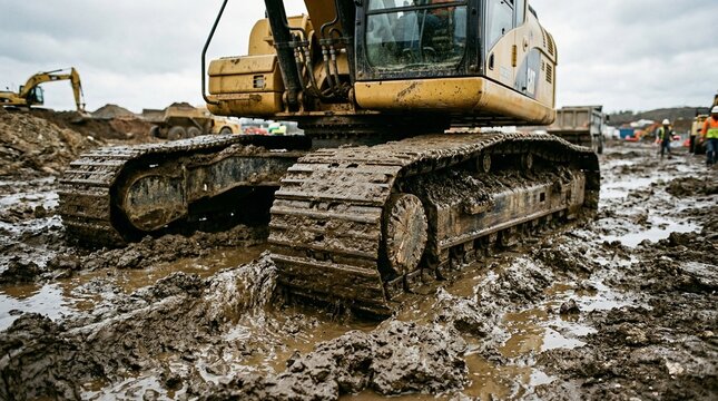 Heavy-duty yellow excavator tracks navigating thick mud at a busy industrial construction site under a grey sky.