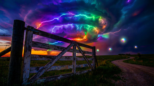 A rugged, weathered wooden fence gate stands prominently in a vast open field, its rustic charm and sturdy construction suggesting a timeless barrier or inviting entrance along a winding dirt path,