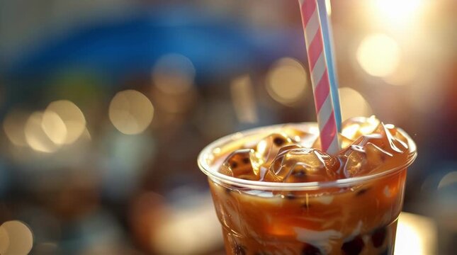 Bubble tea, boba and milk tea refreshment in a plastic cup with ice cubes and straw for summer drinks, Asian dessert and sweet beverage with close-up view of tapioca pearls. Refreshing, delicious and