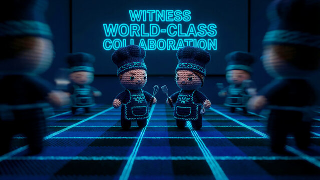 Two charming crocheted chef dolls stand ready for a culinary competition while neon lights declare a world-class collaboration moment.