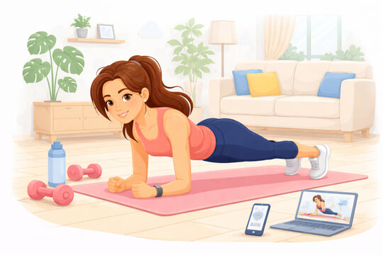 A modern flat illustration of a young woman performing a plank exercise on a pink yoga mat at home. She is following an online workout on her laptop, with dumbbells, a water bottle, and a cozy living 