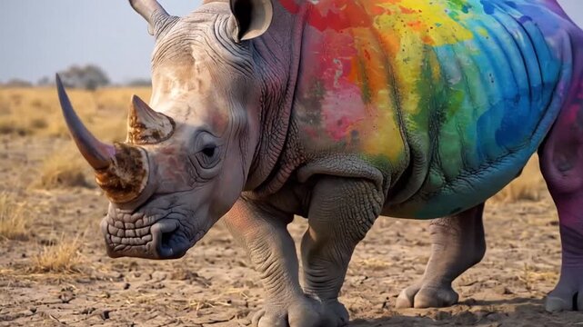 Colorful rhinoceros with rainbow paint splattered on its back standing in a dry African savanna