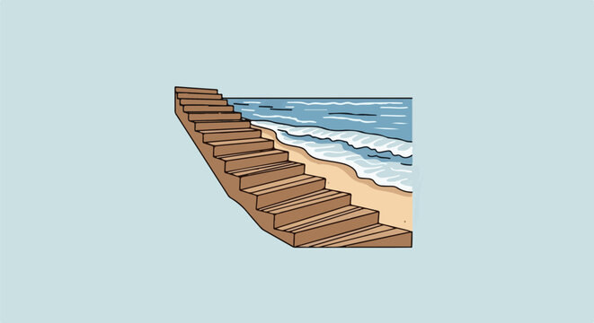 Wooden stairs descend to a sandy beach with gentle ocean waves