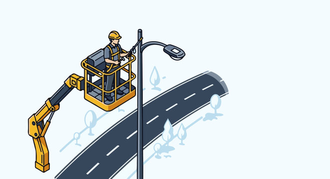 Worker in lift bucket repairs street light over road with trees