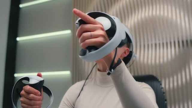 Caucasian woman wearing VR headset playing virtual reality female girl indoors exploring technology innovation futuristic immersive game playful lady digital futurism web net play gadgets modern app