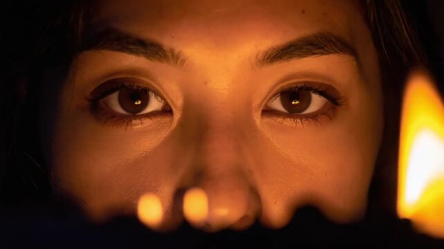 Intense gaze of a person's eyes illuminated by warm firelight