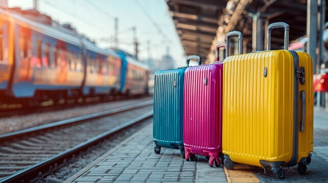 Colorful suitcases on train platform with arriving train in background