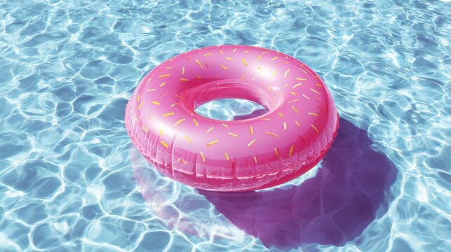 Pink donut-shaped inflatable pool float on clear water surface