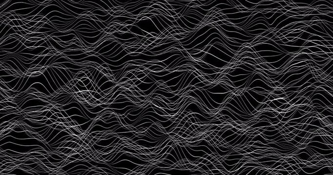 Abstract noisy wave with thin lines. Cyber digital stylized line art background. 4K 3D rendering loop animation.