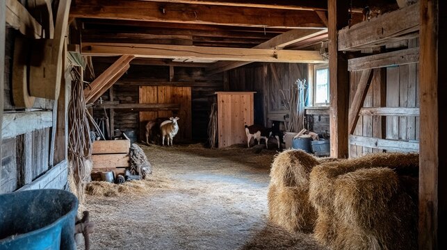 Goats in vintage rustic barn interior with hay bales and wooden structure
