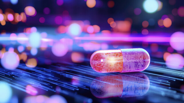 Glowing medicine pill with vibrant colors and futuristic design, reflecting light digital environment, evokes sense