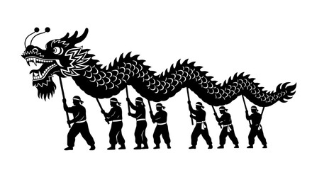 A detailed black dragon boat race with rowers on transparent background silhouette © MD