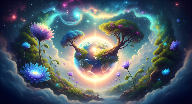 Fantasy, surreal landscape, heart-shaped tree, glowing flowers, dreamy scenery, mystical environment