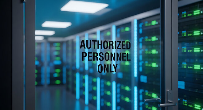 Restricted access authorized personnel only warning sign mounted on a sleek glass door leading to a high-tech data center server room with security monitoring and protection protocols.