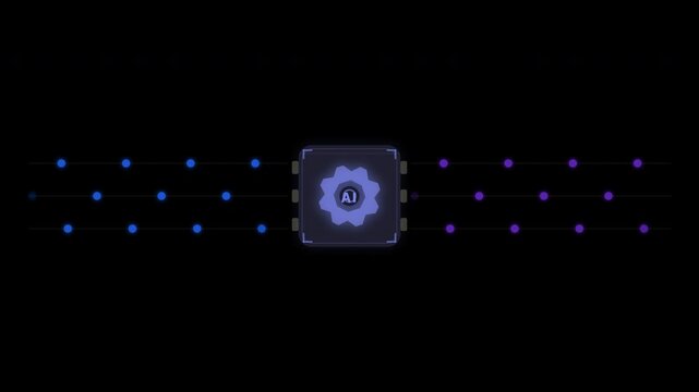 AI Chip Flow connected by dots over a black background. Technology concept for artificial intelligence, data processing, futuristic designs, and digital connectivity.