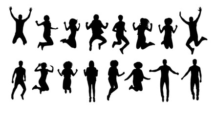 Fototapeta premium Collection of black silhouettes of people jumping and dancing