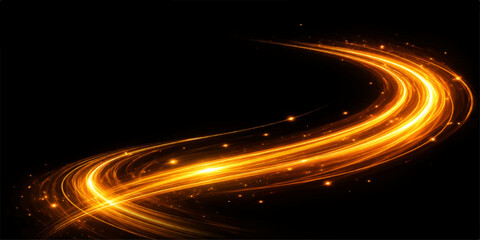 Fototapeta premium Dynamic motion of orange fire-like light trails creates a glowing wave of energy and speed along a dark city highway night street in this abstract black wallpaper design
