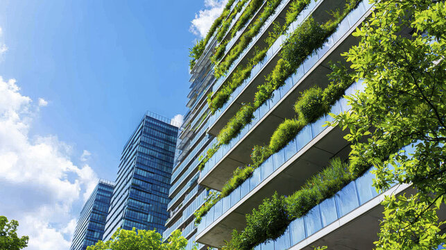 Sustainable architecture features modern buildings with green terraces and lush vegetation, promoting eco friendly living