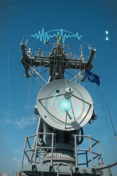 Naval Communication Tower with Large Satellite Dish and NATO Flag featuring Digital HUD Overlay for Military Defense