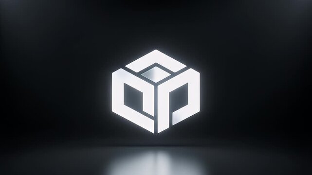 Glowing 3D cube logo animation.