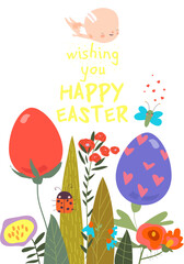 Fototapeta premium Easter Card with Flowers and Easter Eggs. Vector Illustration