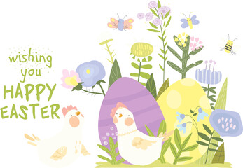 Fototapeta premium Cute White Hen sitting on Easter Eggs. Vector Illustration