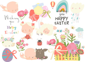 Fototapeta premium Vector Cartoon Easter Set With Little Cartoon Angels, Ester Eggs and Flowers
