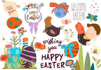 Fototapeta premium Vector Cartoon Easter Set With Little Cartoon Angels, Ester Eggs and Flowers