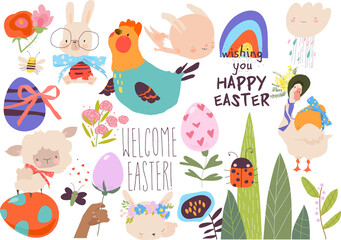 Naklejka premium Vector Cartoon Easter Set With Little Cartoon Bunnies, Ester Eggs and Flowers