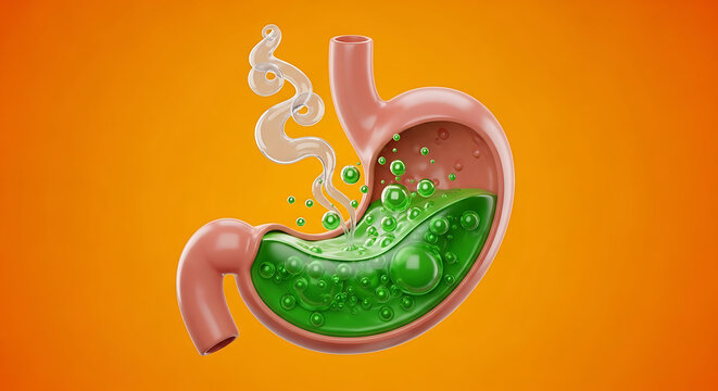 Vibrant 3D cartoon medical illustration of a human stomach organ featuring bubbling green digestive acid and gastric gas vapors isolated against a vivid bright orange studio background.