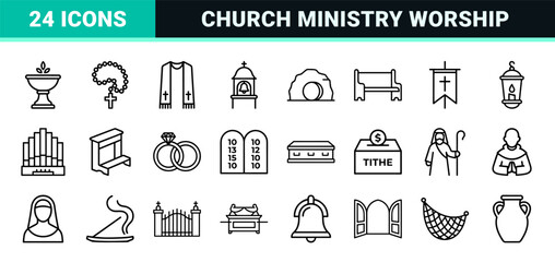Fototapeta premium Christian Faith and Church Ministry Minimalist Monoline Outline Symbols Featuring Crosses Bibles and Religious Geometric Line Art