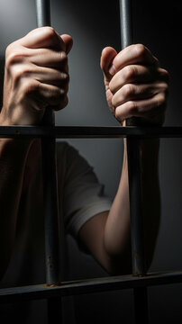 Close up of a prisoners hands gripping jail bars in a dark cell
