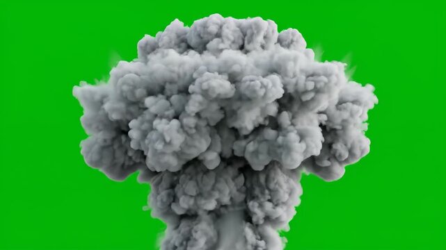 A video shows a massive explosion with a large cloud of smoke on a green screen background