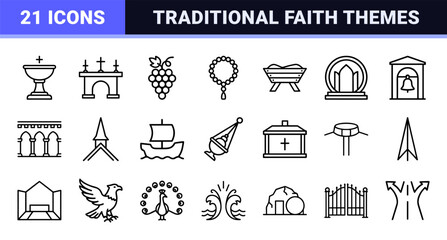 Fototapeta premium Christian Religious Architecture and Spiritual Symbols in Minimalist Monoline Aesthetic, Geometric Line Art for Commercial Interface Design