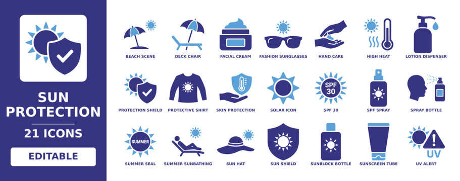 Sun Protection solid vector glyph icon set containing sunscreen tube, uv alert, sunblock bottle, sun hat, solar icon, skin protection, spf spray, beach scene, and protection shield icons.