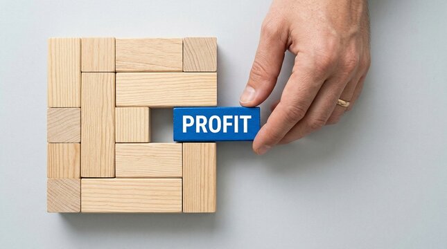 Hand placing wooden block with word profit to complete gap in business blocks representing financial success, business growth, revenue increase, strategic planning and profitability concept.