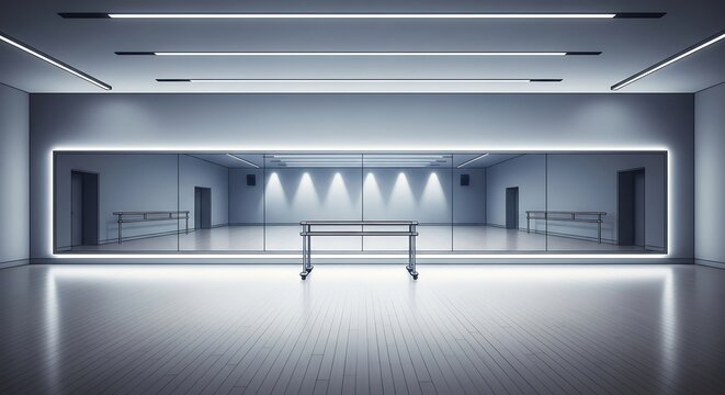 empty modern dance studio with ballet barre and mirror reflection
