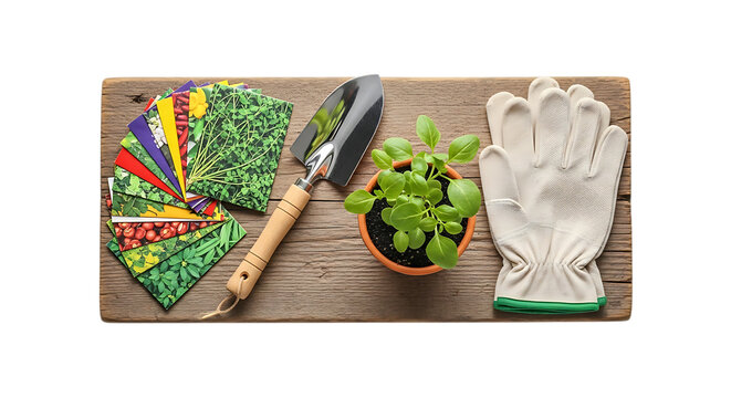 Gardening tools and seed packets arranged on a rustic wooden board for spring planting preparation and home vegetable garden isolated on a transparent background