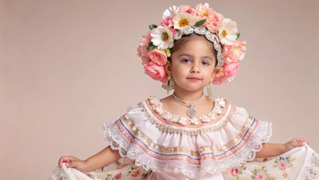 Young girl in traditional Panamanian Pollera with floral headdress