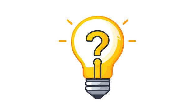 Bright yellow lightbulb with question mark inside, radiating lines, on black